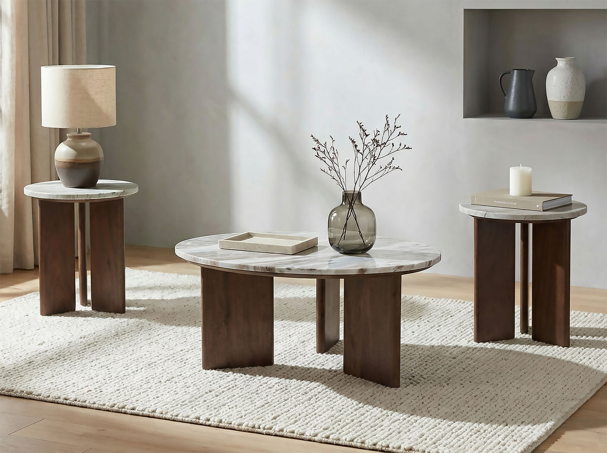 Jenna Round Marble Top Coffee Table & End Table Sets - 3pcs- Coffee Table + 2 End Tables