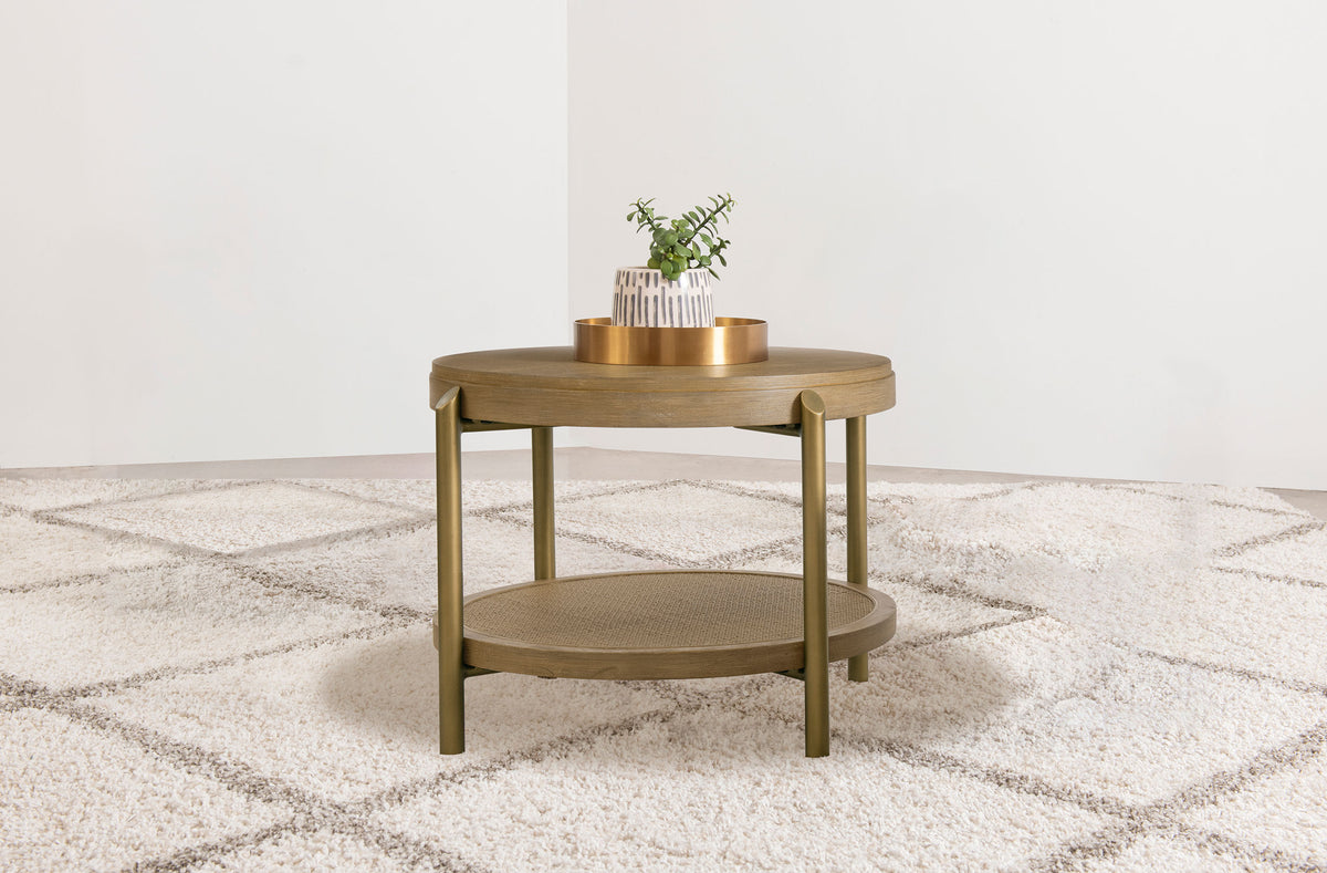 Arini Round Coffee Table & End Table - Sand Wash Ash with Woven Rattan Shelf & Aged Brass Legs – view 15