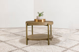 Arini Round Coffee Table & End Table - Sand Wash Ash with Woven Rattan Shelf & Aged Brass Legs – view 15
