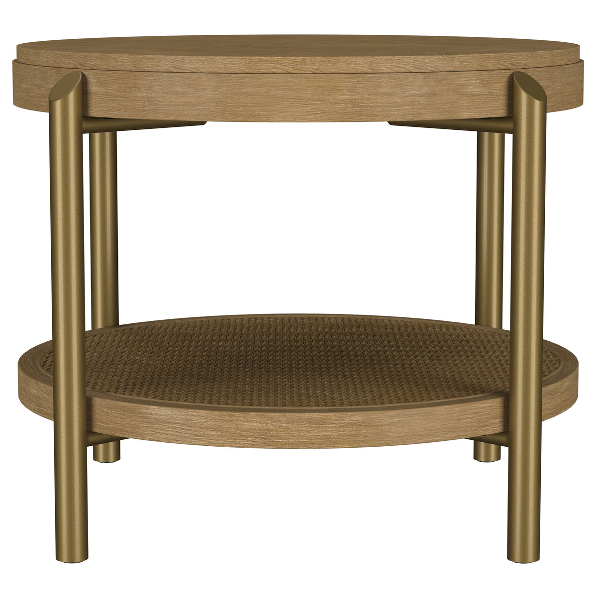 Arini Round Coffee Table & End Table - Sand Wash Ash with Woven Rattan Shelf & Aged Brass Legs – view 16