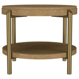Arini Round Coffee Table & End Table - Sand Wash Ash with Woven Rattan Shelf & Aged Brass Legs – view 16