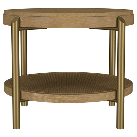 Arini Round Coffee Table & End Table - Sand Wash Ash with Woven Rattan Shelf & Aged Brass Legs – view 16