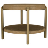 Arini Round Coffee Table & End Table - Sand Wash Ash with Woven Rattan Shelf & Aged Brass Legs – view 17