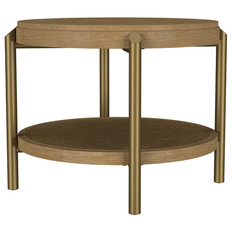 Arini Round Coffee Table & End Table - Sand Wash Ash with Woven Rattan Shelf & Aged Brass Legs – view 17