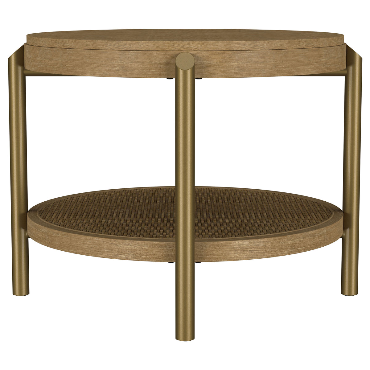 Arini Round Coffee Table & End Table - Sand Wash Ash with Woven Rattan Shelf & Aged Brass Legs – view 18
