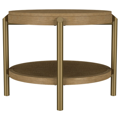 Arini Round Coffee Table & End Table - Sand Wash Ash with Woven Rattan Shelf & Aged Brass Legs – view 18