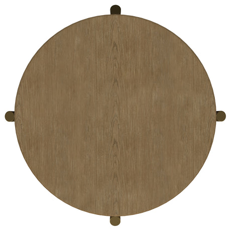 Arini Round Coffee Table & End Table - Sand Wash Ash with Woven Rattan Shelf & Aged Brass Legs – view 19