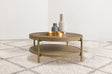 Arini Round Coffee Table & End Table - Sand Wash Ash with Woven Rattan Shelf & Aged Brass Legs – view 1