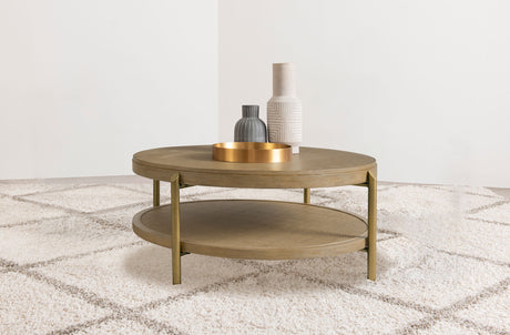 Arini Round Coffee Table & End Table - Sand Wash Ash with Woven Rattan Shelf & Aged Brass Legs – view 1