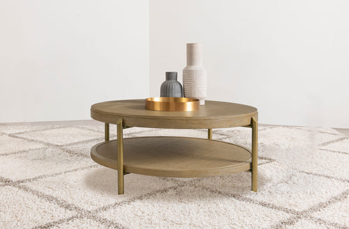Arini Round Coffee Table & End Table - Sand Wash Ash with Woven Rattan Shelf & Aged Brass Legs