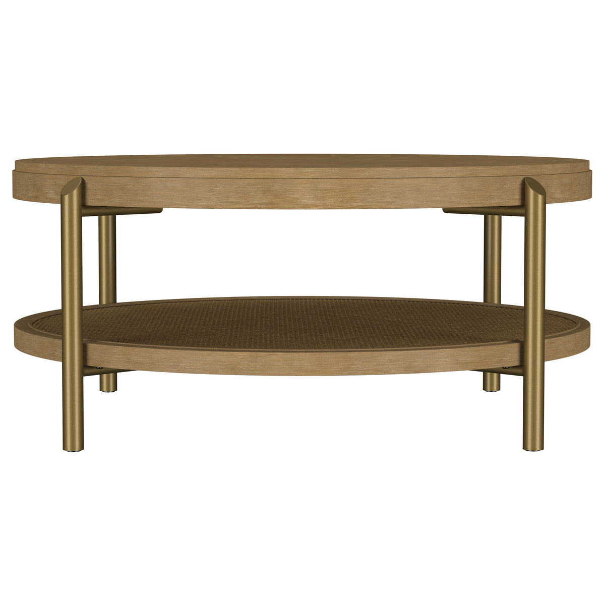 Arini Round Coffee Table & End Table - Sand Wash Ash with Woven Rattan Shelf & Aged Brass Legs – view 6