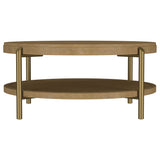 Arini Round Coffee Table & End Table - Sand Wash Ash with Woven Rattan Shelf & Aged Brass Legs – view 6