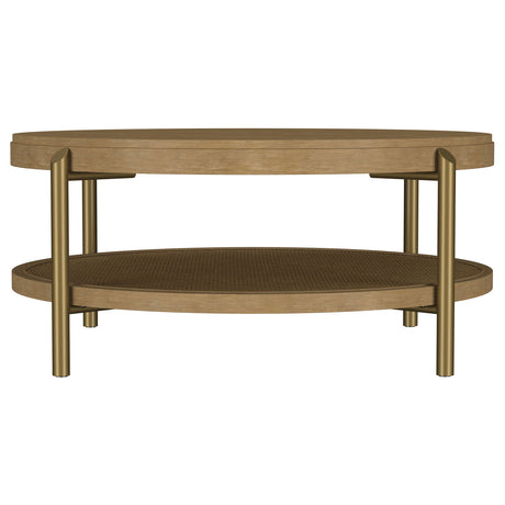 Arini Round Coffee Table & End Table - Sand Wash Ash with Woven Rattan Shelf & Aged Brass Legs – view 6