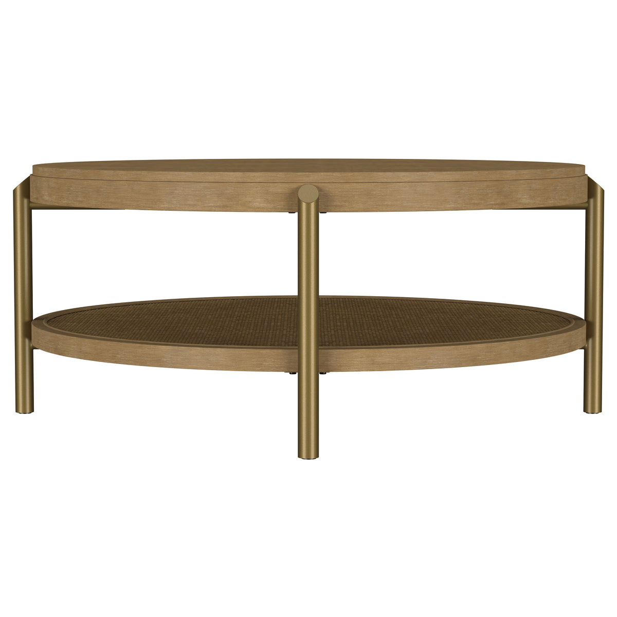 Arini Round Coffee Table & End Table - Sand Wash Ash with Woven Rattan Shelf & Aged Brass Legs – view 8