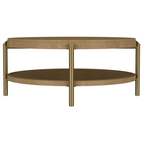 Arini Round Coffee Table & End Table - Sand Wash Ash with Woven Rattan Shelf & Aged Brass Legs – view 8