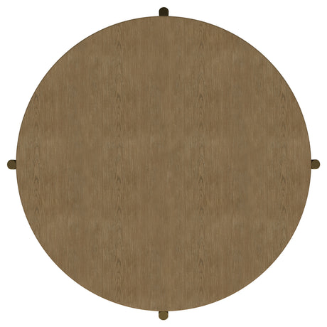 Arini Round Coffee Table & End Table - Sand Wash Ash with Woven Rattan Shelf & Aged Brass Legs – view 9