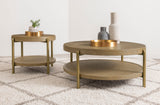 Arini Round Coffee Table & End Table - Sand Wash Ash with Woven Rattan Shelf & Aged Brass Legs – view 14