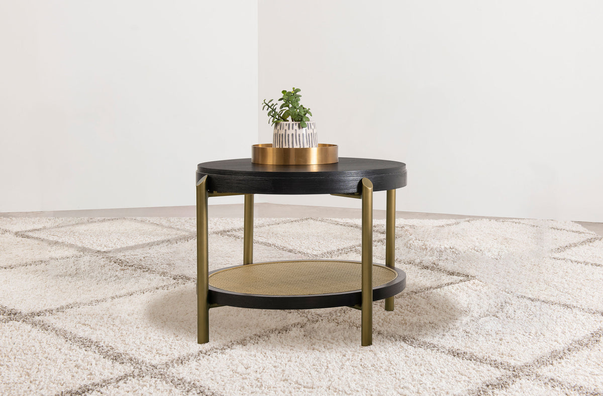 Arini Round Coffee & End Table Sets - Black Ash Top with Woven Rattan Shelf & Aged Brass Legs – view 2