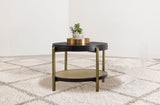 Arini Round Coffee & End Table Sets - Black Ash Top with Woven Rattan Shelf & Aged Brass Legs – view 2