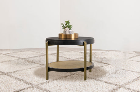 Arini Round Coffee & End Table Sets - Black Ash Top with Woven Rattan Shelf & Aged Brass Legs – view 2