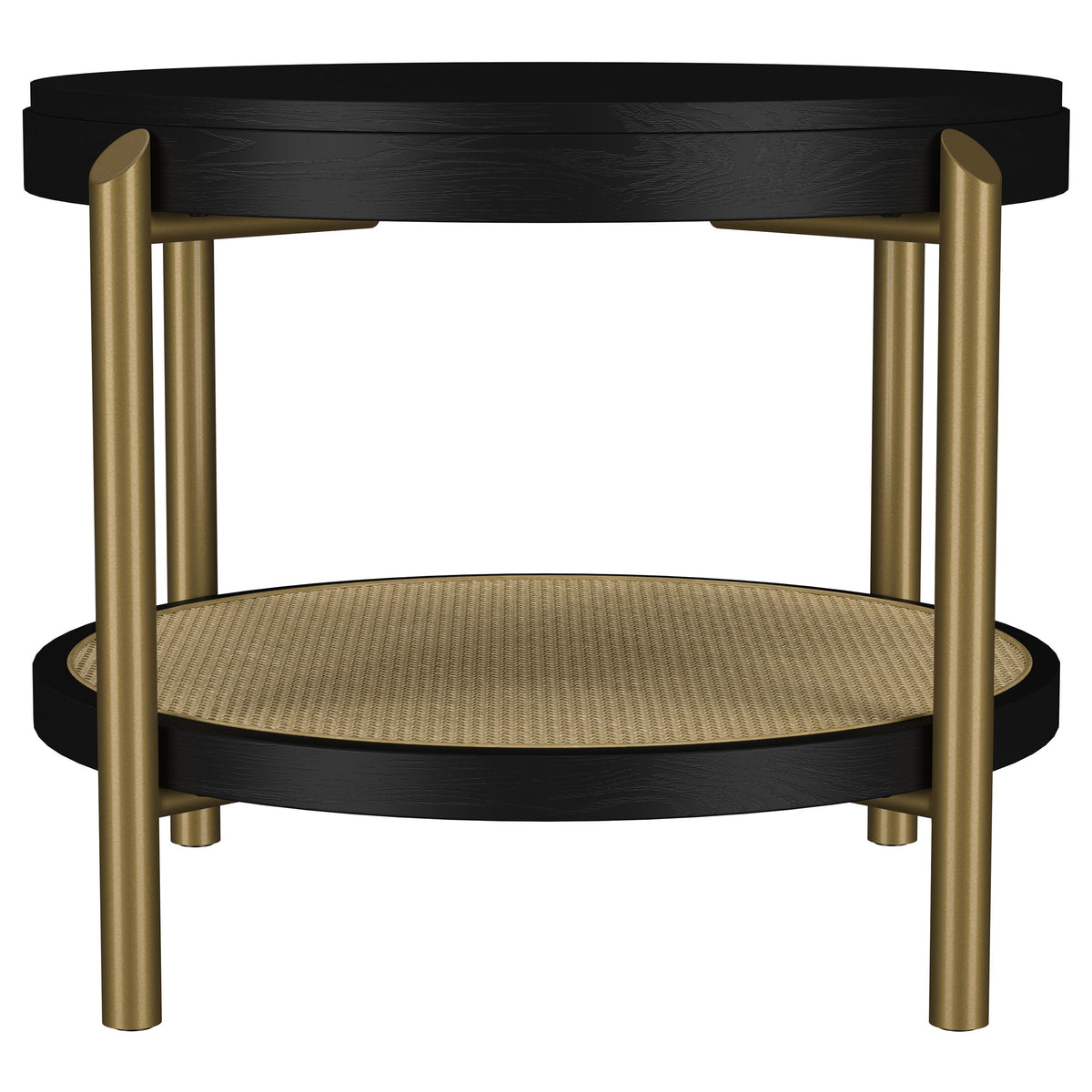 Arini Round Coffee & End Table Sets - Black Ash Top with Woven Rattan Shelf & Aged Brass Legs – view 15