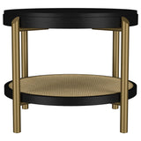 Arini Round Coffee & End Table Sets - Black Ash Top with Woven Rattan Shelf & Aged Brass Legs – view 15