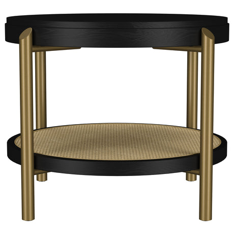Arini Round Coffee & End Table Sets - Black Ash Top with Woven Rattan Shelf & Aged Brass Legs – view 15