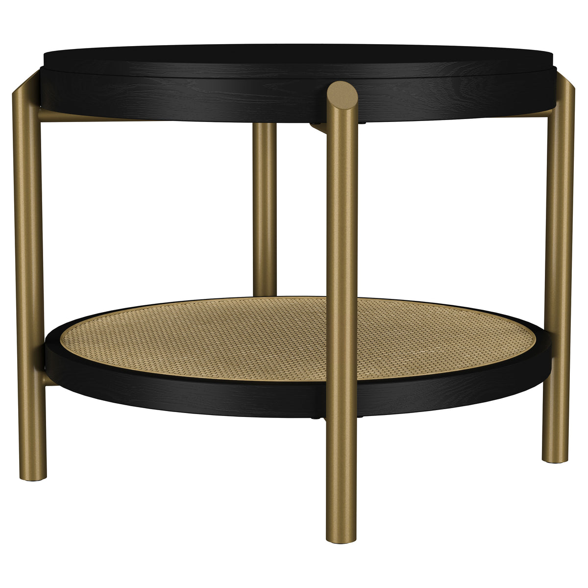 Arini Round Coffee & End Table Sets - Black Ash Top with Woven Rattan Shelf & Aged Brass Legs – view 16