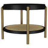 Arini Round Coffee & End Table Sets - Black Ash Top with Woven Rattan Shelf & Aged Brass Legs – view 16