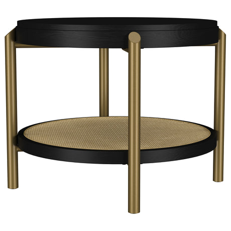 Arini Round Coffee & End Table Sets - Black Ash Top with Woven Rattan Shelf & Aged Brass Legs – view 16