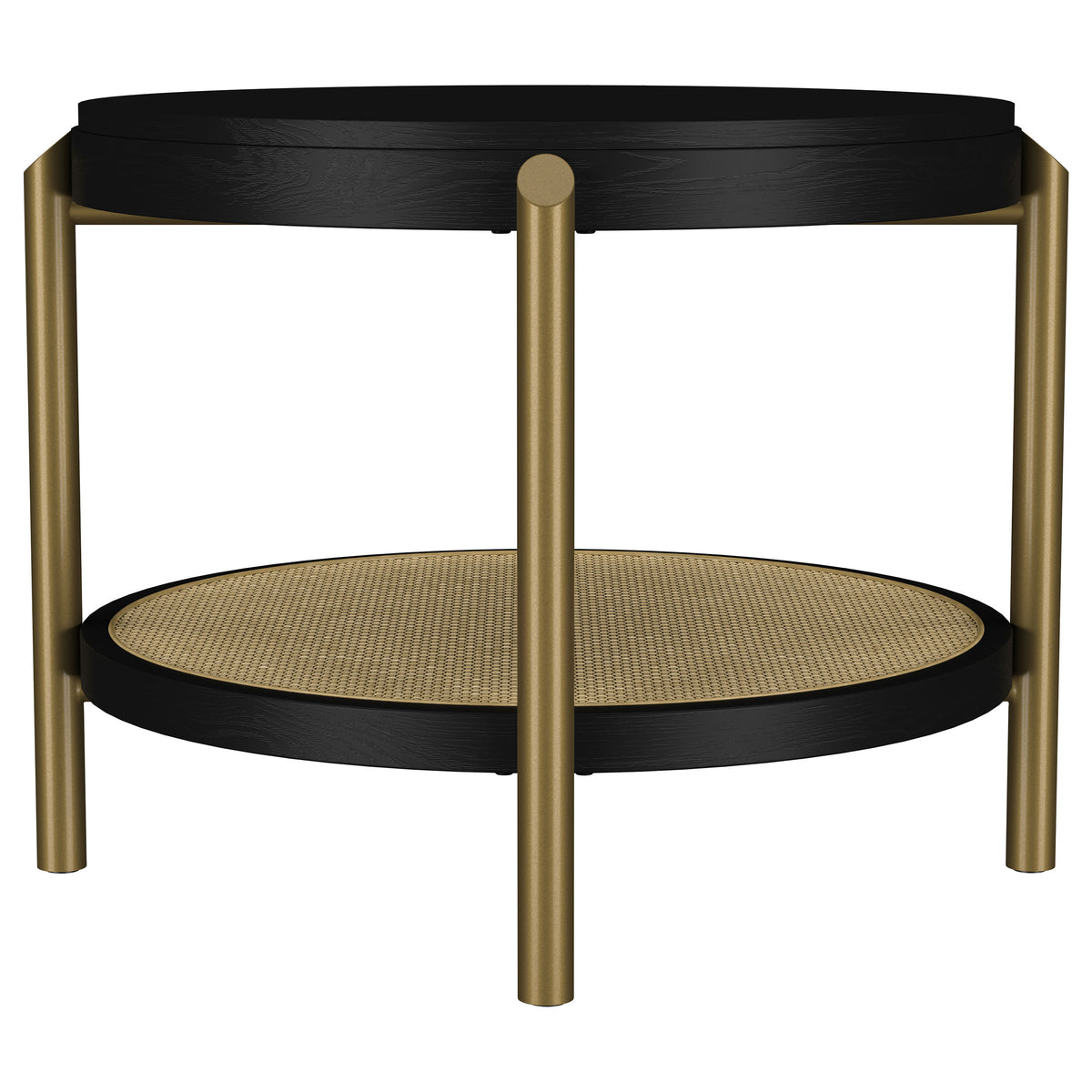 Arini Round Coffee & End Table Sets - Black Ash Top with Woven Rattan Shelf & Aged Brass Legs – view 17