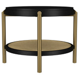 Arini Round Coffee & End Table Sets - Black Ash Top with Woven Rattan Shelf & Aged Brass Legs – view 17