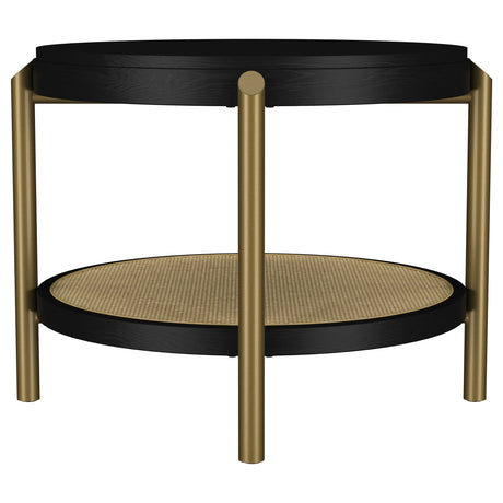 Arini Round Coffee & End Table Sets - Black Ash Top with Woven Rattan Shelf & Aged Brass Legs – view 17
