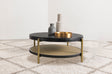 Arini Round Coffee & End Table Sets - Black Ash Top with Woven Rattan Shelf & Aged Brass Legs – view 1