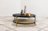 Arini Round Coffee & End Table Sets - Black Ash Top with Woven Rattan Shelf & Aged Brass Legs – view 1