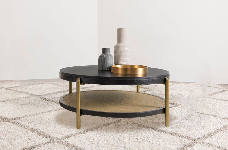 Arini Round Coffee & End Table Sets - Black Ash Top with Woven Rattan Shelf & Aged Brass Legs