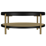 Arini Round Coffee & End Table Sets - Black Ash Top with Woven Rattan Shelf & Aged Brass Legs – view 7