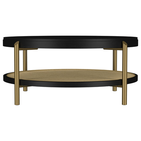 Arini Round Coffee & End Table Sets - Black Ash Top with Woven Rattan Shelf & Aged Brass Legs – view 7