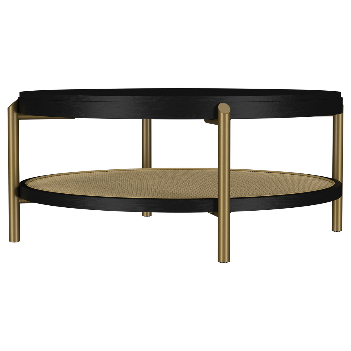 Arini Round Coffee & End Table Sets - Black Ash Top with Woven Rattan Shelf & Aged Brass Legs – view 8
