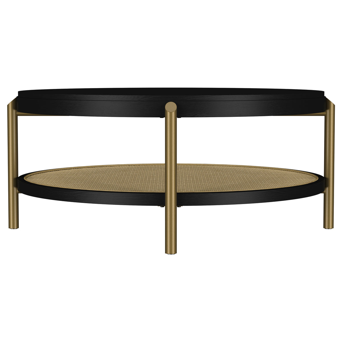 Arini Round Coffee & End Table Sets - Black Ash Top with Woven Rattan Shelf & Aged Brass Legs – view 9