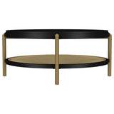 Arini Round Coffee & End Table Sets - Black Ash Top with Woven Rattan Shelf & Aged Brass Legs – view 9