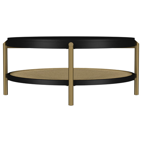 Arini Round Coffee & End Table Sets - Black Ash Top with Woven Rattan Shelf & Aged Brass Legs – view 9