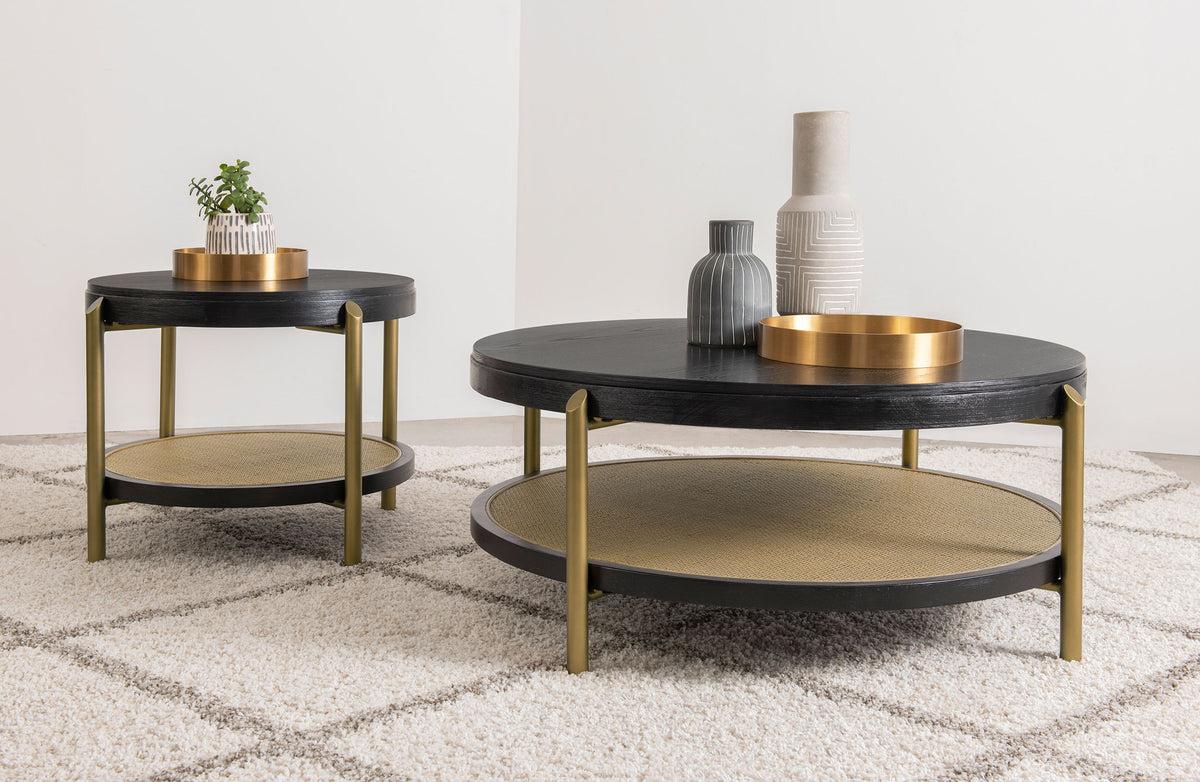 Arini Round Coffee & End Table Sets - Black Ash Top with Woven Rattan Shelf & Aged Brass Legs – view 14