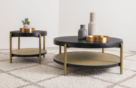 Arini Round Coffee & End Table Sets - Black Ash Top with Woven Rattan Shelf & Aged Brass Legs – view 14