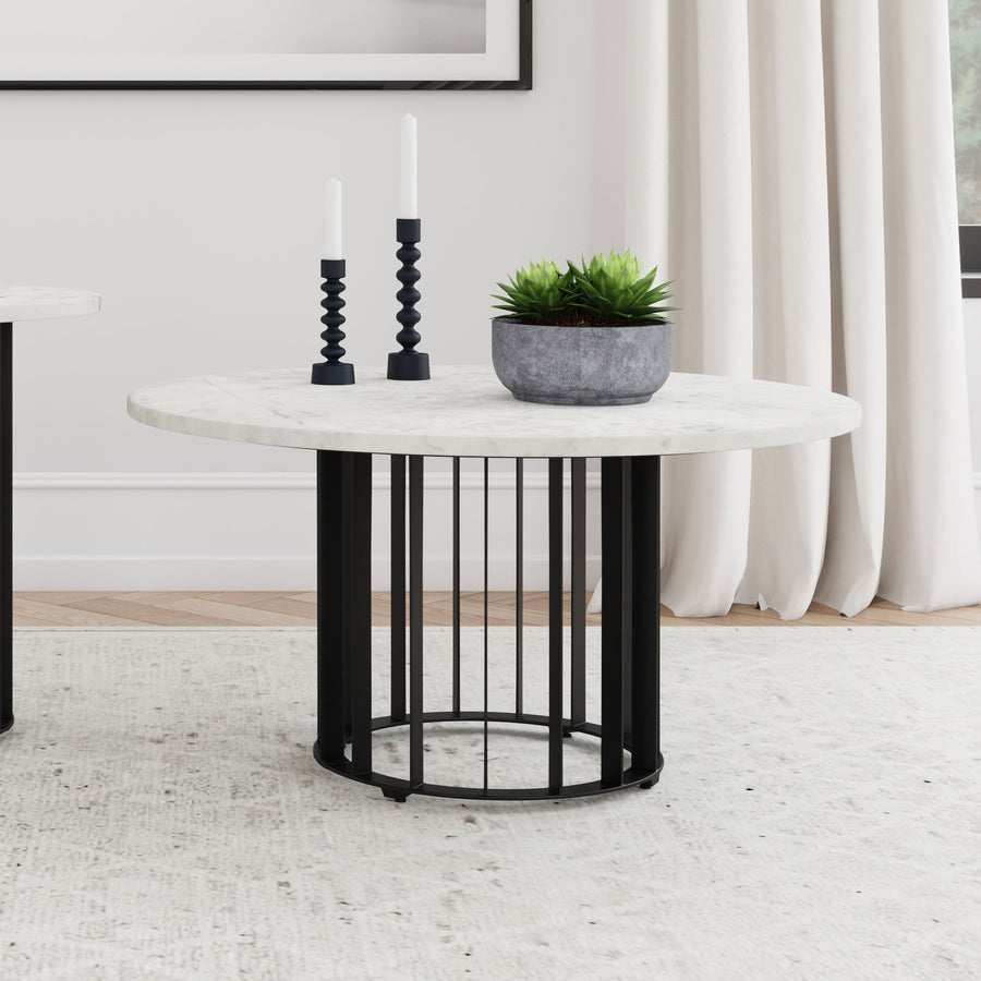 Haven Round Marble Coffee Table & End Table - Genuine White Marble on Black Iron Rod Base