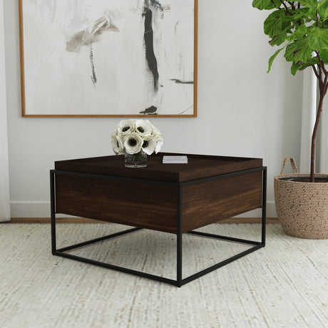 Fulton 30" Square Solid Mango Wood Coffee Table with Hidden Storage - Dark Brown & Black Iron – view 1