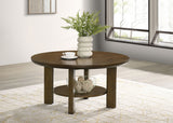 Ottowa Round Wood Coffee Table, End Table & Sets - Sculpted Cylinder Legs with Shelf in Brown Oak – view 1