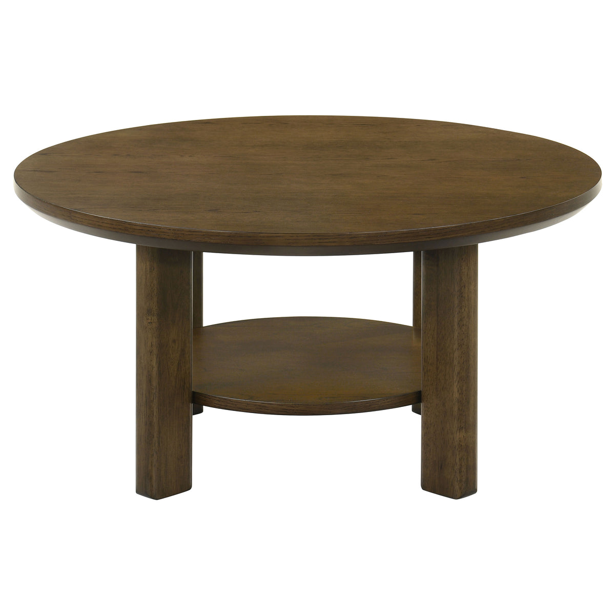 Ottowa Round Wood Coffee Table, End Table & Sets - Sculpted Cylinder Legs with Shelf in Brown Oak – view 6