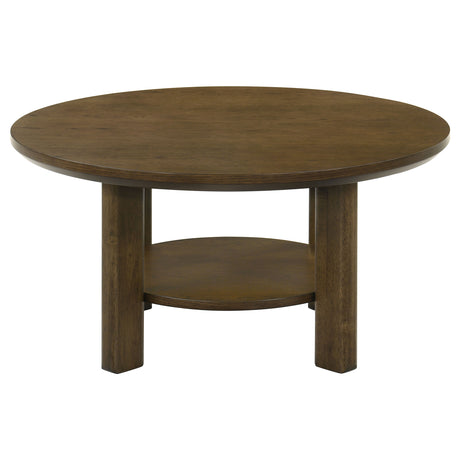 Ottowa Round Wood Coffee Table, End Table & Sets - Sculpted Cylinder Legs with Shelf in Brown Oak – view 6