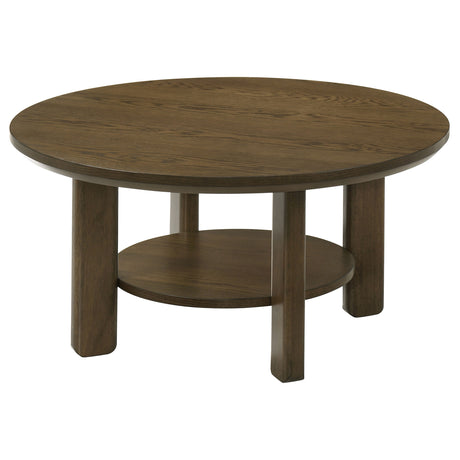 Ottowa Round Wood Coffee Table, End Table & Sets - Sculpted Cylinder Legs with Shelf in Brown Oak – view 7